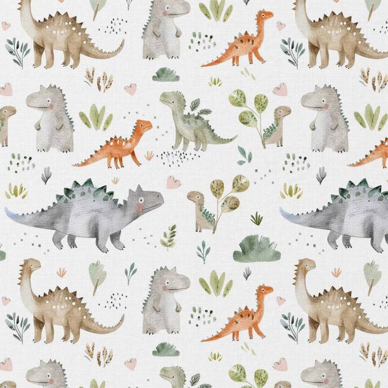 Baumwollstoff mit Dinosauriern in Grün und Beige