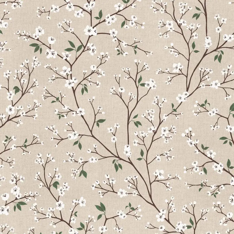 Half Panama Stoff Pure Blossom Branch mit weißen Blütenzweigen auf naturfarbenem Hintergrund