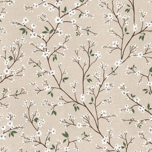 Half Panama Stoff Pure Blossom Branch mit weißen Blütenzweigen auf naturfarbenem Hintergrund
