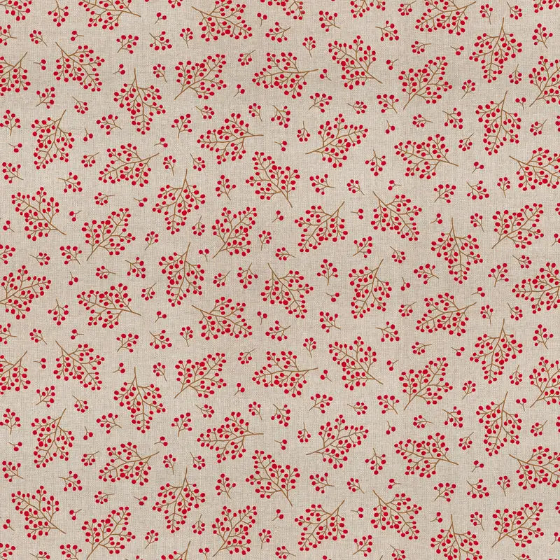 Half Panama Stoff Winter Berry Bloom mit roten Beeren und Zweigen auf naturfarbenem Hintergrund