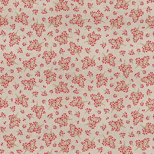 Half Panama Stoff Winter Berry Bloom mit roten Beeren und Zweigen auf naturfarbenem Hintergrund