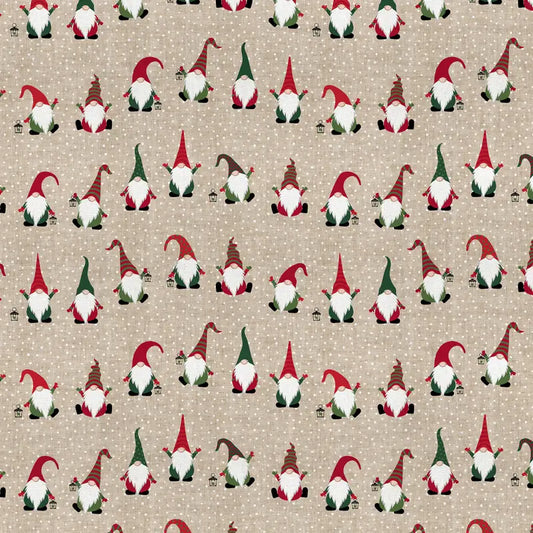 Half Panama Stoff Jolly Tomte mit skandinavischen Weihnachtswichteln auf naturfarbenem Hintergrund