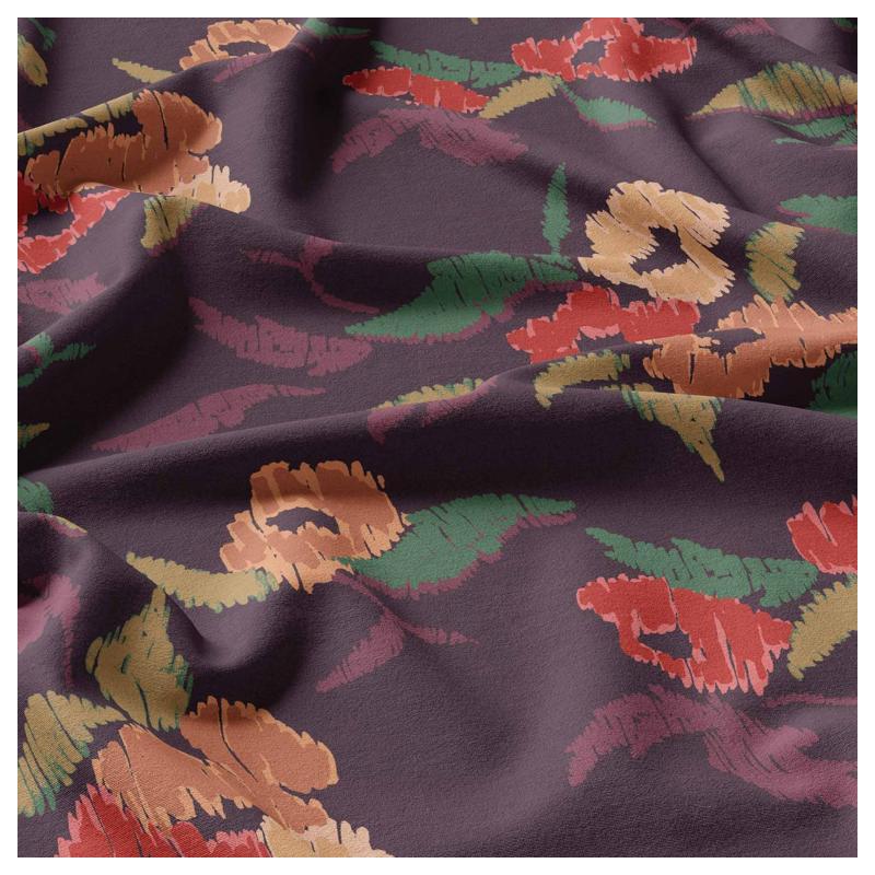 Viskosestoff mit Retroblumen in Aubergine und Camel