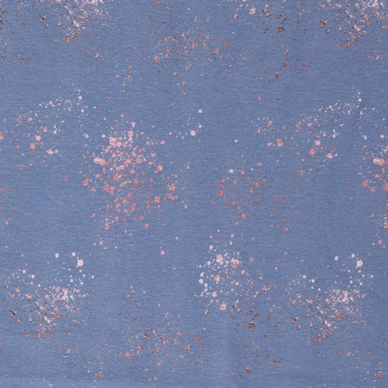 Musterübersicht: Sweat mit unregelmäßigen hellen und dunkleren Sprenkeln auf gedeckt blauem Grund.