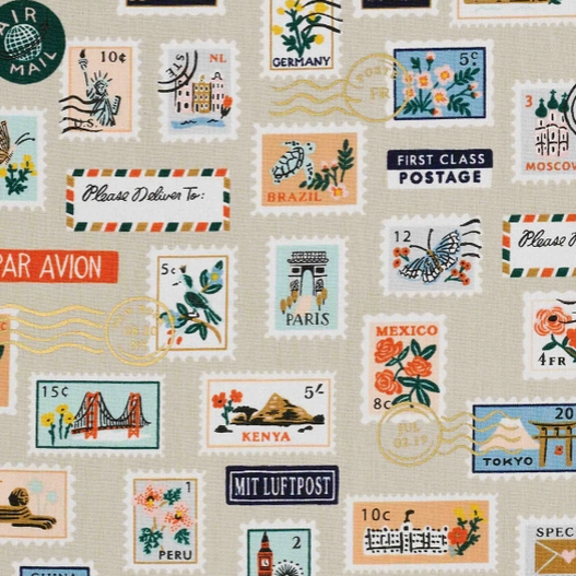 Canvas Rifle Paper Bon Voyage natur Briefmarken