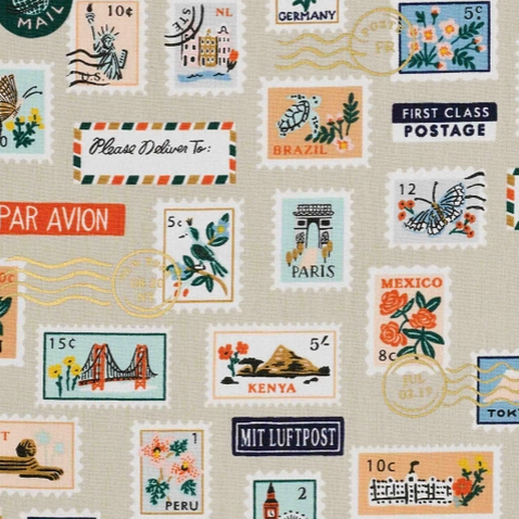 Canvas Rifle Paper Bon Voyage natur Briefmarken